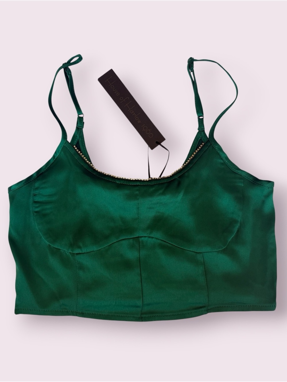 House of Harlow 1960 Emerald Green Satin Rhinestone Trim Crop Top Size Medium